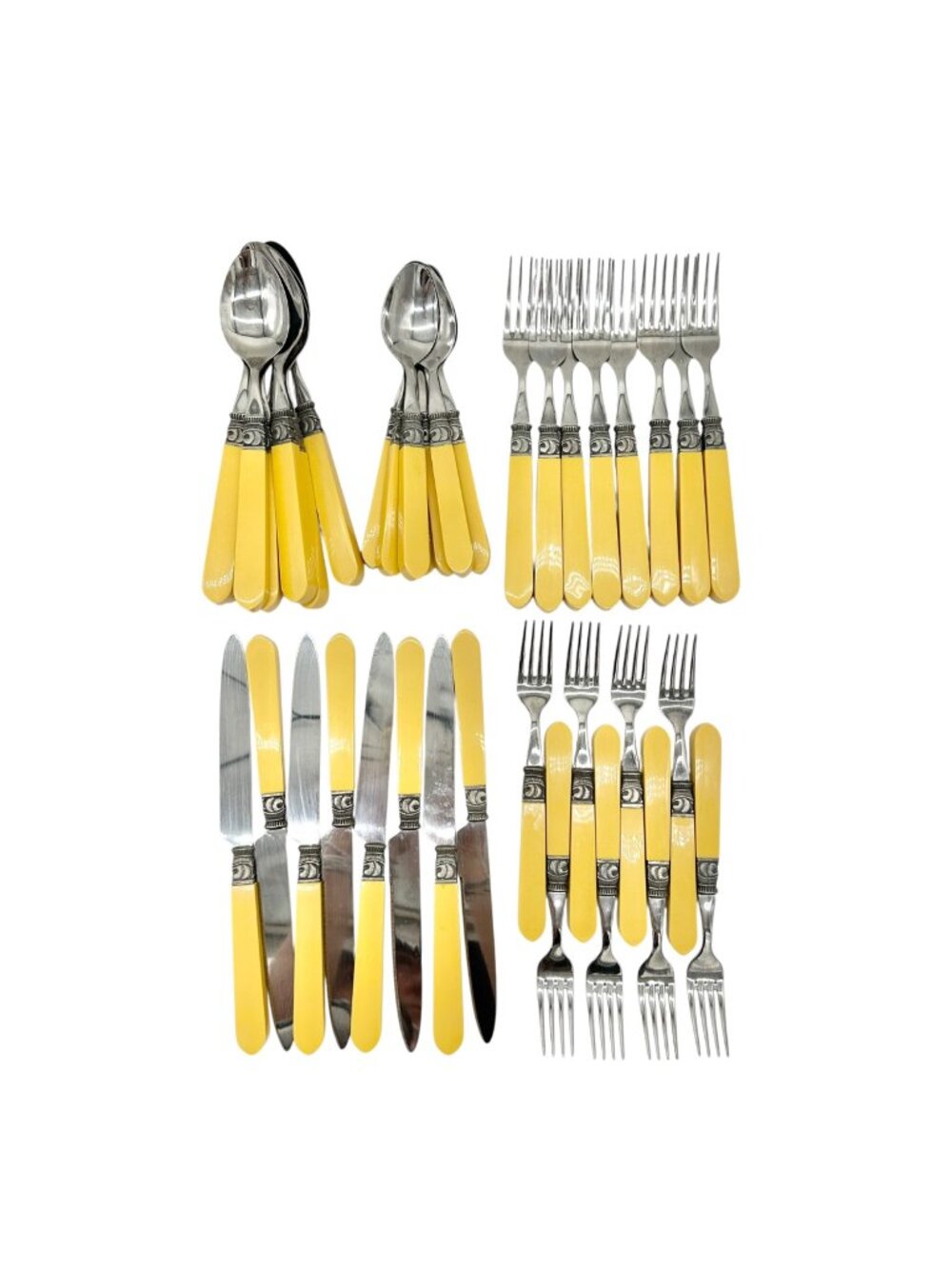 40 Piece Cutlery Set Yellow Handles with 8 ea Knives Forks Spoons Dessert Forks